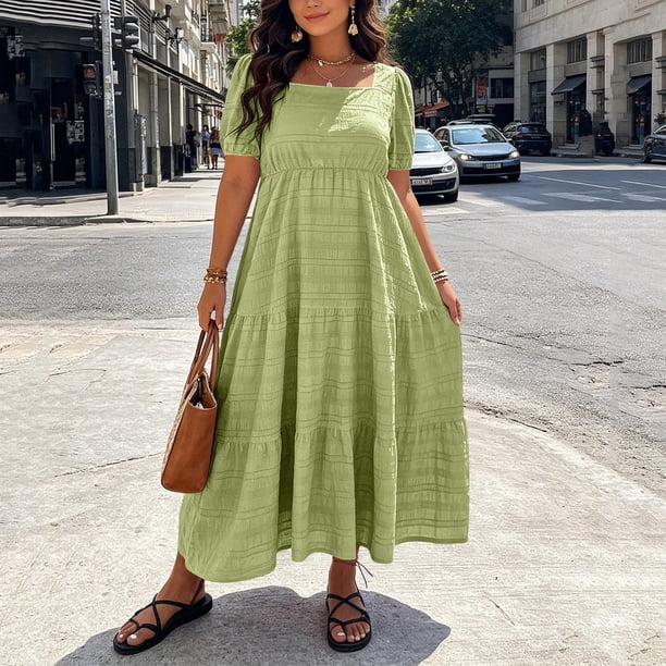 boho curve dresses qolati Plus Size for Women Casual Puff Short Sleeve Flowy Tiered Dresses Summer Square Neck Smocked Flowy Beach Vacation Long Dresses Dress's Color:64#-White Amazing elopement or engagement collection_sale Natural Circle Appliqué Sleeveless