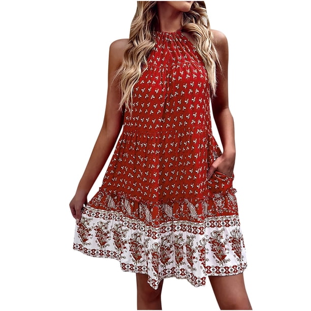 Vestido casual con cordones y cuello halter sin mangas con cuello redondo y estampado de moda de verano para mujer Fridja hj2499