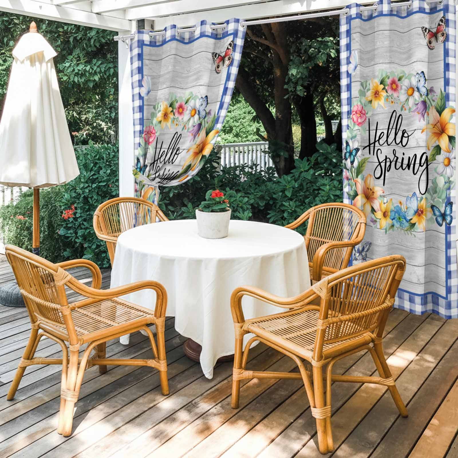 Outdoor Curtains for Patio Waterproof, Hello Spring Windproof Pravicy Outside Porch Blackout Curtain, Farmhouse Floral Eucalyptus Wood Blue Plaid Sun Blocking Grommets Curtains for Cabana 54"x108"