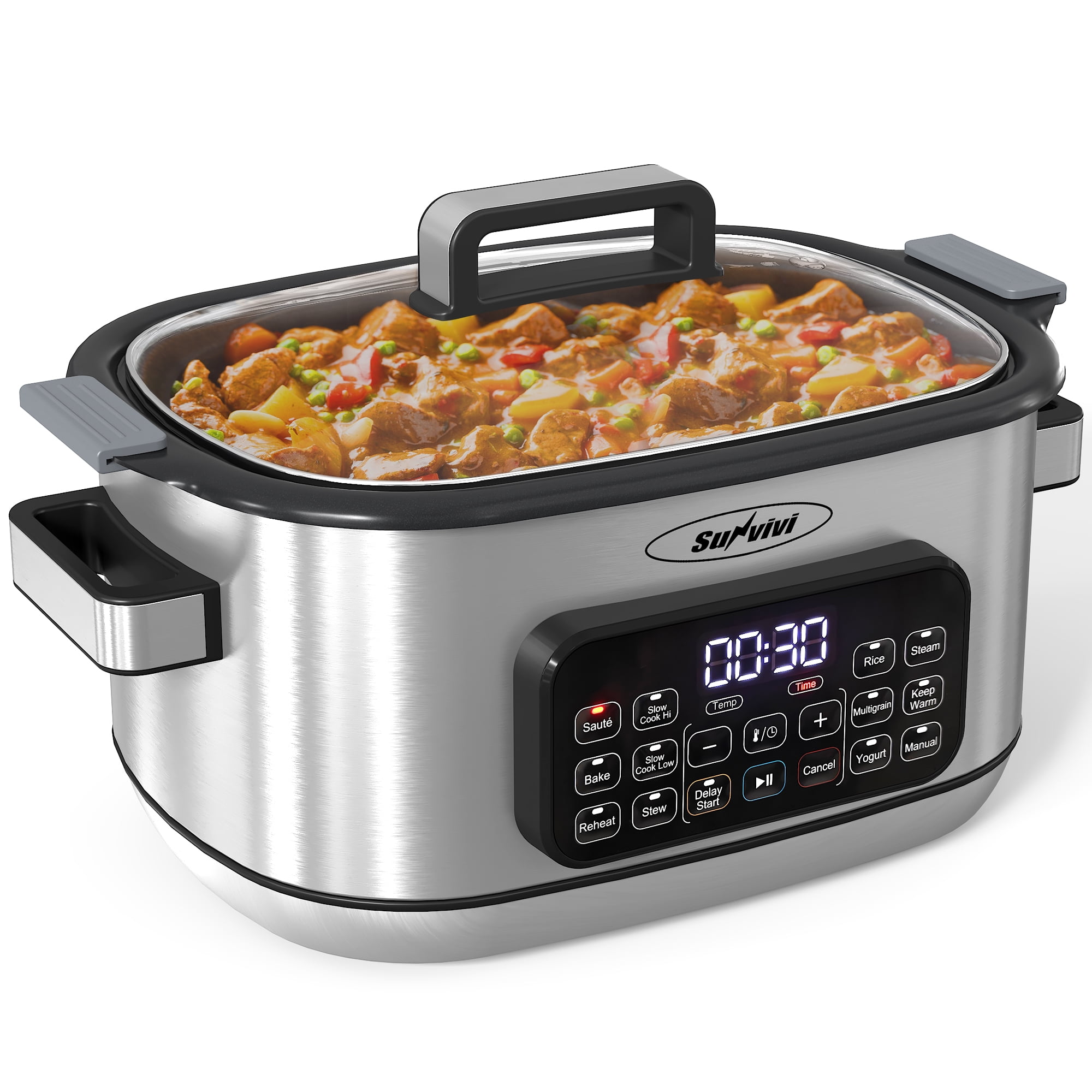 Sunvivi 6.5 Quart 12-in-1 Programmable Multi Slow Cooker, Food Warmer Pot with Digital Timer, Temp Control