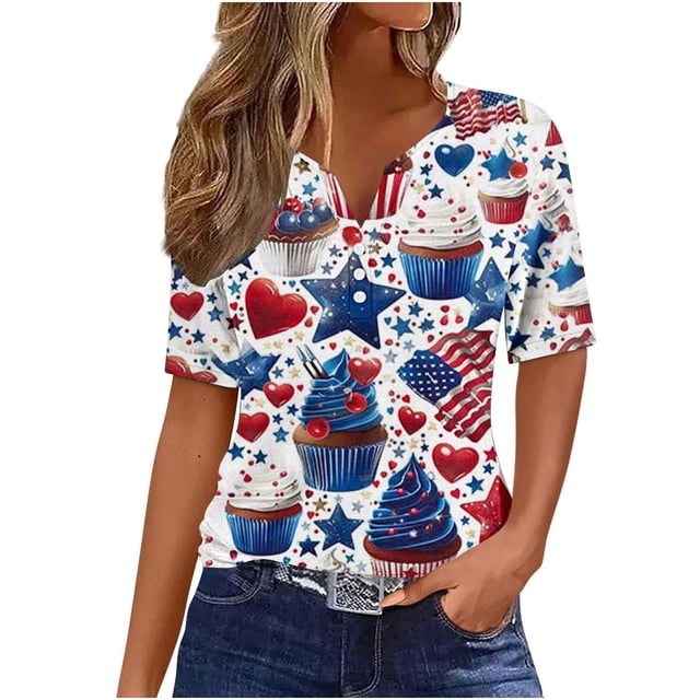 Blusas de las Mujeres Casual Gradiente de Manga Corta V-Cuello Superior, Imitación Marco Casual Blusa para las Mujeres, Mano Lavado Primavera Verano Desgaste