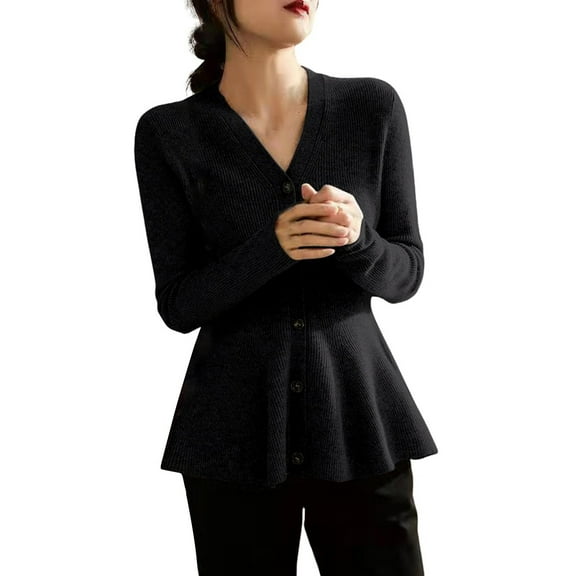 Breezora Women's V Neck Wool Blend Cardigan Peplum Hem Long Sleeve Slim Fit Knit For Various Occasions L Size Black