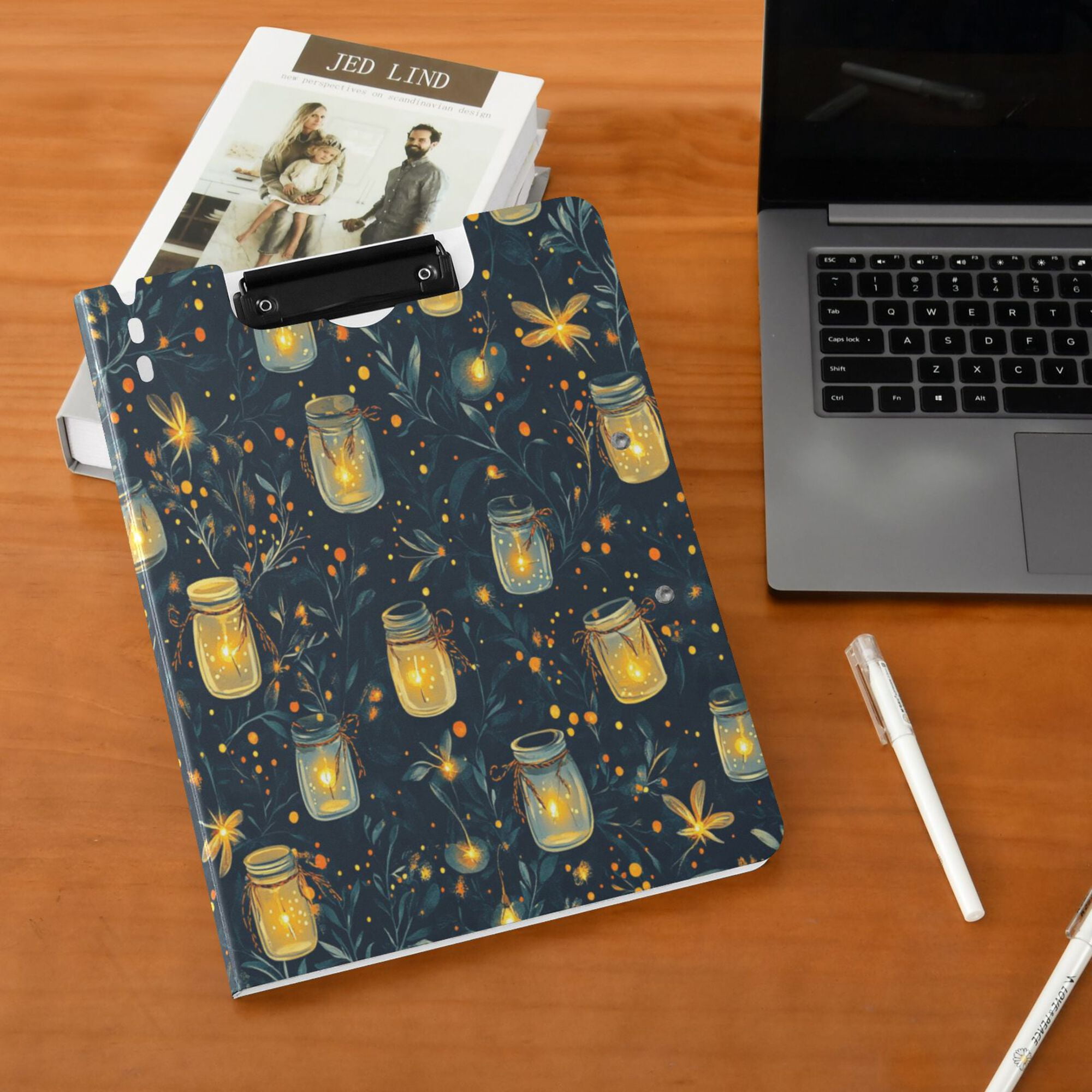 FORMRS A4 Clipboard Folder with Pen Holder Horizontal Foldable School Office Binder, Orange Fireflies Pattern