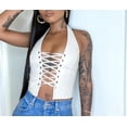 thumbnail image 5 of HLSOHJP Women's Halter PU Leather Crop Top Lace Up Bandage Criss Cross Eyelet Cropped Faux Leather Tank Camisole Shirt, 5 of 6