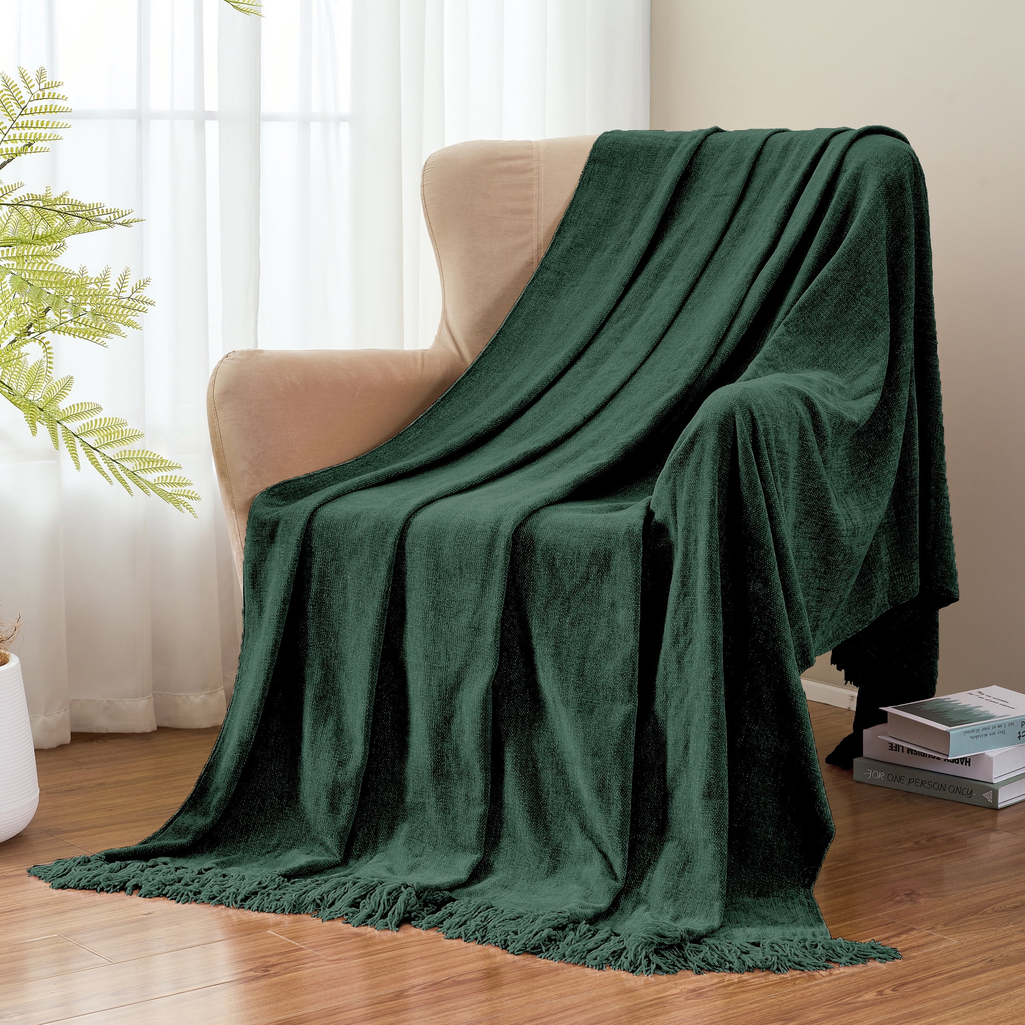 LONG CREATE Chenille Throw Blanket with Fringe Tassel for Couch Sofa Chair Bed, Dark Green 50" x 70"