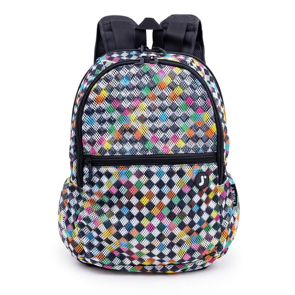J World New York Mesh Backpack for Adults. Transparent See-Through Book-Bag for School, Beach, Swim, Gym, Checkers, 18 X 13.5 X 8.5 (H X W X D)