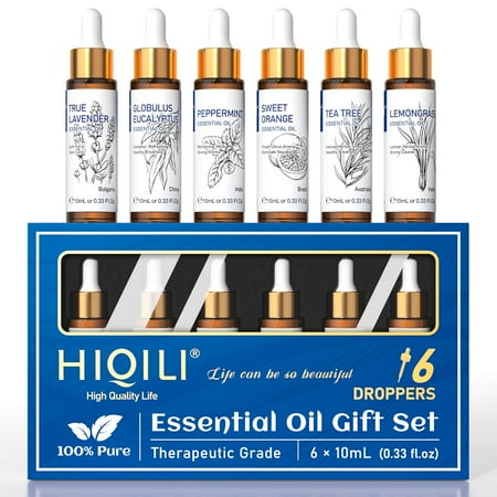 HIQILI Essential Oils Gift Set with Droppers for Diffuser, Humidifier, Skin, Hair, Massage-6PCS*10mL