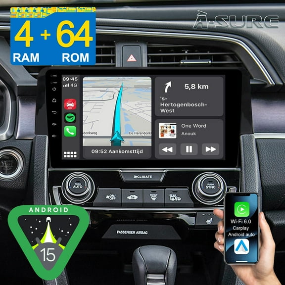 Asure 10.1" CarPlay 4 64GB Car Radio Stereo for Kia Sorento (2015-2020) with Android 15/GPS Nav/Wi-Fi/BT 5.4/1280x800/Backup Camera