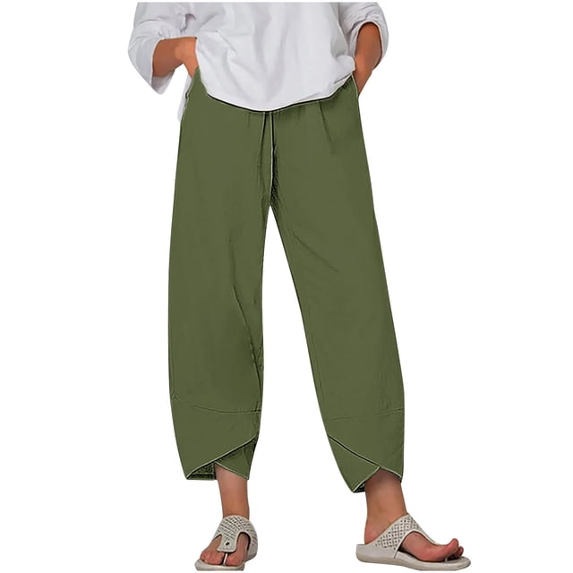 Timegard Plus Size Pants for Women Elastic Waist Solid Color Comfy Fall Casual Crop Pants with Pockets