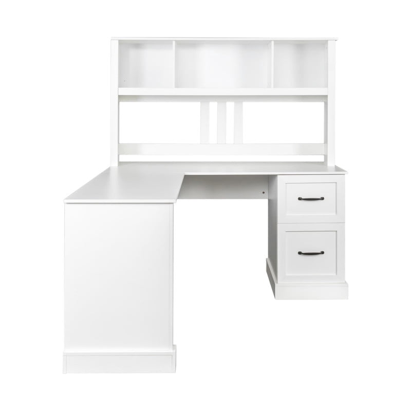 L-Shaped Executive Computer Desk with Hutch, 59.84'' Office Desk Work Desk with 2 Drawers and Storage Shelf for Home Office