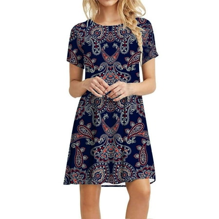 

jsaierl Summer Dress Women 2023 Beach Print Dress Flowy Short Sleeve Midi Dress Tunic Crew Neck Sun Dress