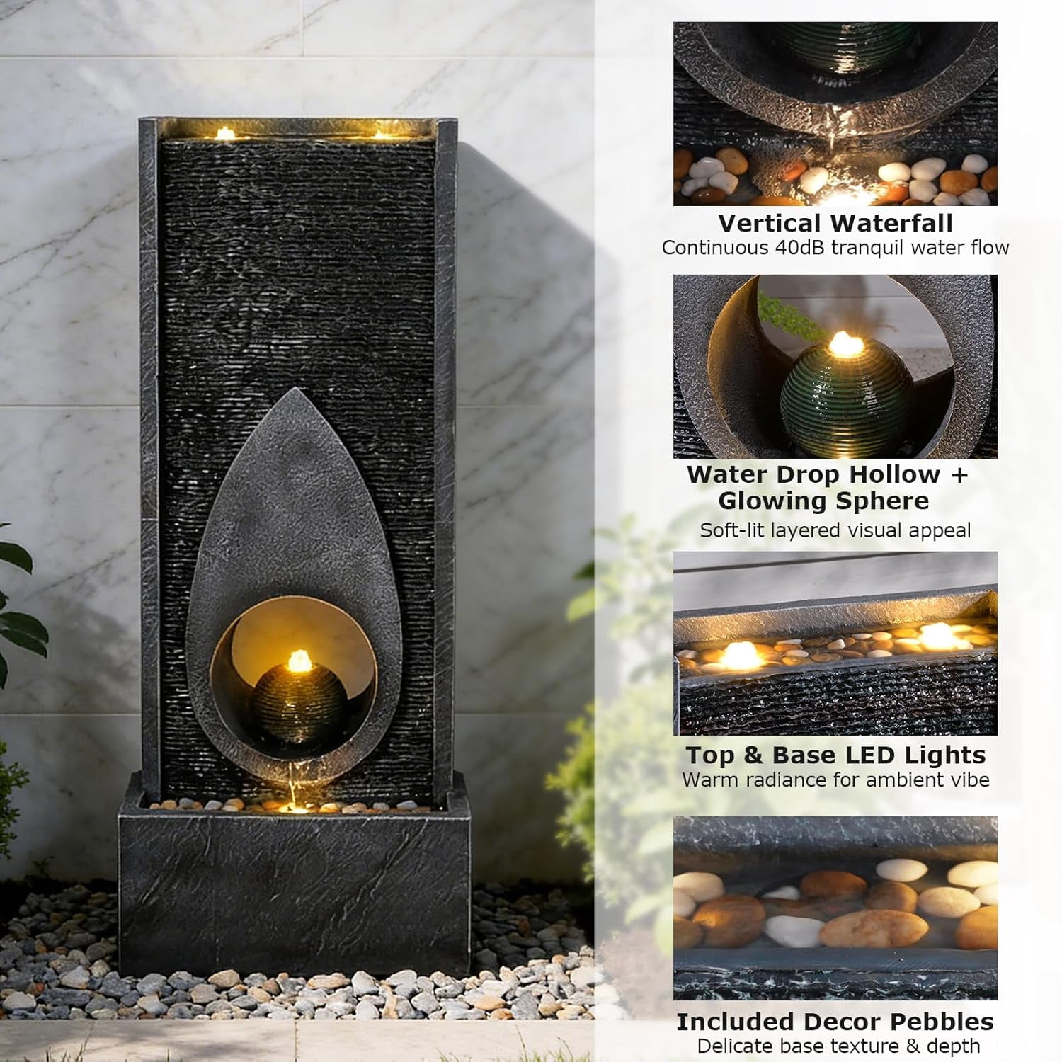 46.5’’Tall Modern Water Fountain Indoor Outdoor Waterfall Feature Floor Standing with Sphere and LED Lights for Garden, Yard, Patio, Deck, Porch, Livingroom Decor