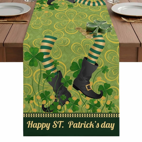Vintage Happy St. Patrick's Day Table Runner-72 Inch Long Lucky Green Clovers Dancing Leprechaun Table Runners Linen Burlap Tablerunner for Kitchen Dining Room Holiday Party