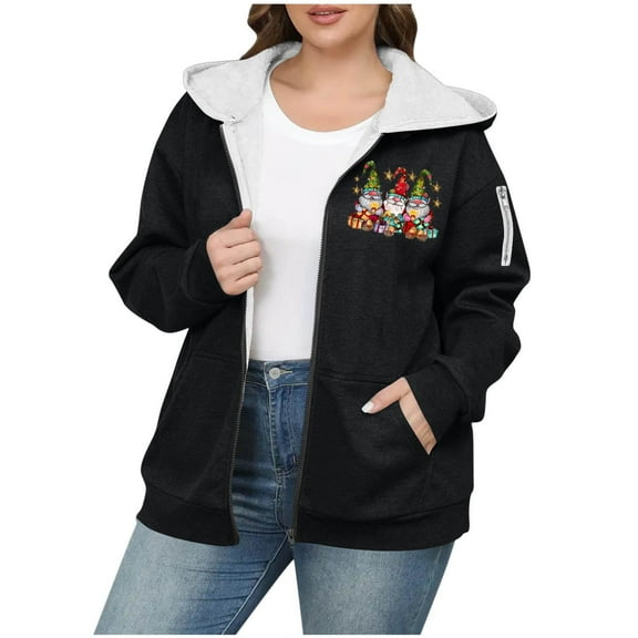 Fmbrln Fleece Jackets for Women Plus Size Cute Christmas Print Full Zip Up Long Sleeve Hooded Jackets Fall Winter Thickened Warm Sweatshirts Coat with Pockets