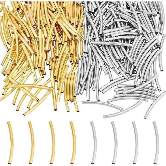 300Pcs 2 Colors Curved Tube Beads Metal Spacer Beads Curved Beads Metal Noodle Beads 25mm Long Tube Beads Golden Noodle Spacer Beads for DIY Jewelry Making Bracelets Necklaces