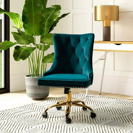 UPC: 0784140785644 | Home Office Computer Desk Chair Velvet Tufted Upholstered Task Rolling Chairs Swivel Adjustable Gold Leg Teal