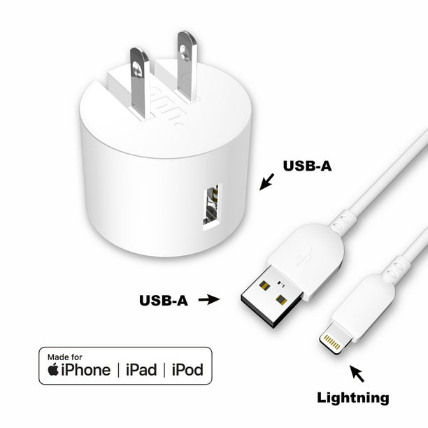 onn. Wall Charging Kit with Lightning to USB Cable, White 
