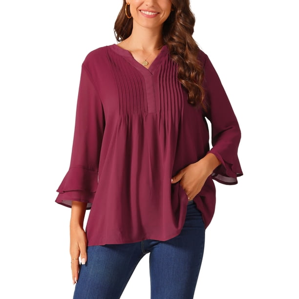 Top de pintuck sólido de cuello en V para mujeres de INSPIRE CHIC con doble volantes y manga 3/4, liviano y casual