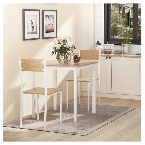 3-Piece Wooden Square Dining Set with Metal Frame, White - Kitchen Table and 2 Chairs for Small Spaces