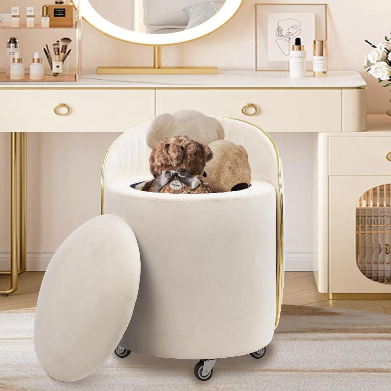 Round Storage Ottoman, Upholstered Velvet Vanity Stool with Lumbar Support, Swivel Rolling Wheels, Small Foot Stools Coffee Table Padded Seat for Makeup Room, Living Room, Bedroom Beige