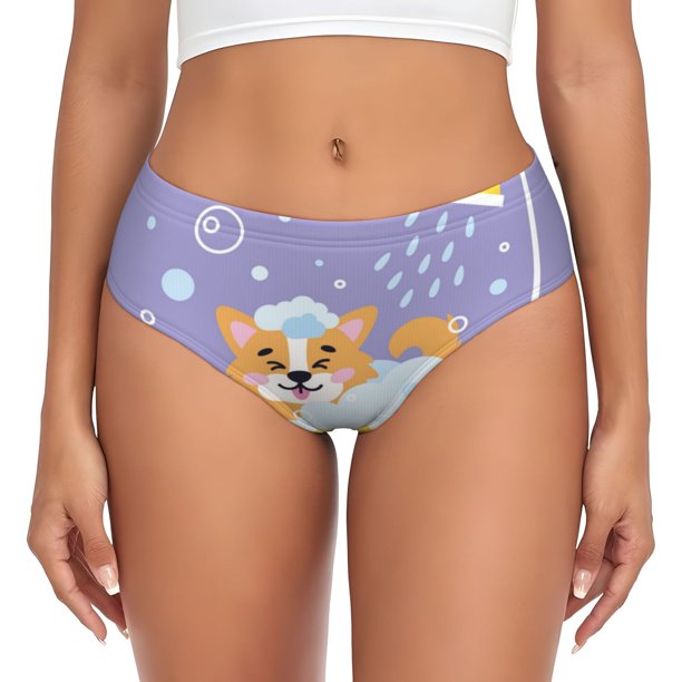 Fotbe Corgi Washing in Bathtub Calzones Estampados para Mujer – Ropa Interior de Algodón, Cómoda, Suave y Elástica-3X-Large