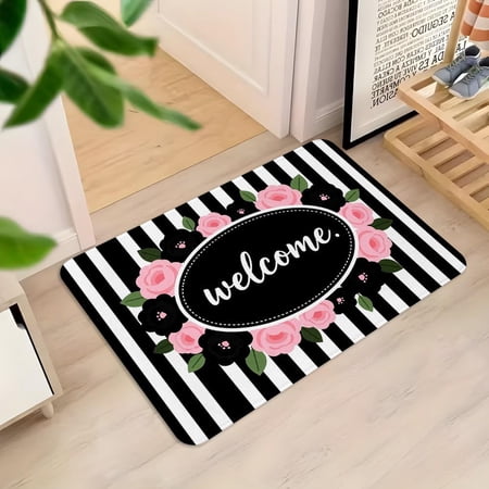 1pc Modern Style Bath Rug Carpet Doormat Black And White Striped Background with Pink And Black Roses Surrounding a Central Black Oval with Welcome in White Cursive for Bedroom Living Room Home