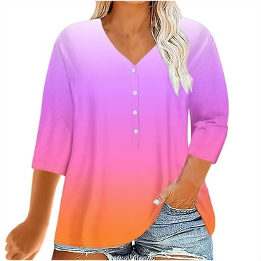 VKOYWKM Chemises Henley Grande Taille pour Femmes Tendance Dégradé Manches 3/4 Hauts Boutonnés Col en V Chemises Amples Décontractées pour Sortir