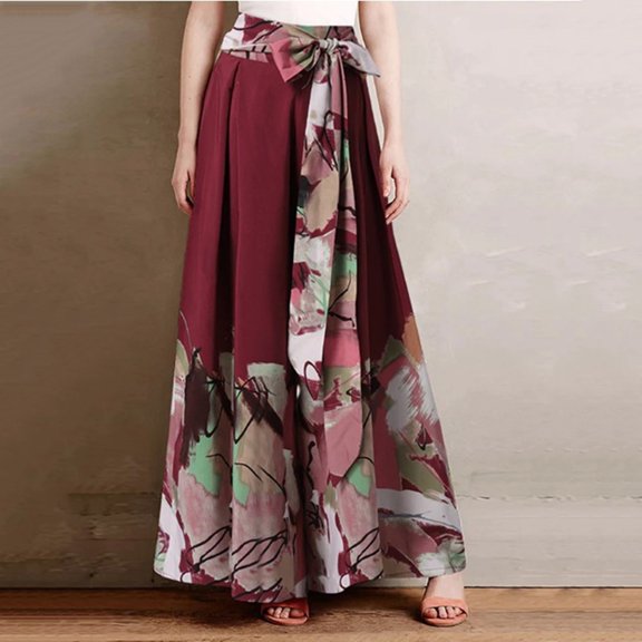 BUIgtTklOP Pants for Women,Plus Size Women Casual Loose Printing Patchwork Bow Wide Leg Casual Pants Wine XL