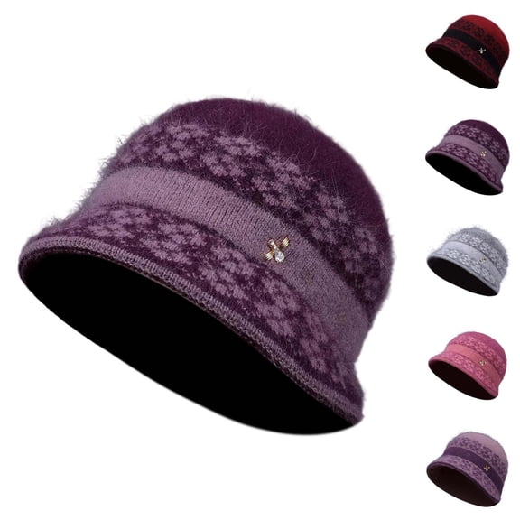 Warm Lined Knit Wool Hat for Women, Winter -Lined Cloche Beanie with Visor, Cable Knitted Bucket Bonnet for Moms