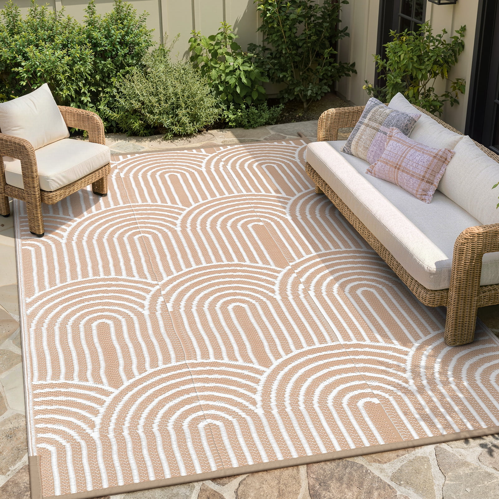 Lahome Decor 8’X10’ Rainbow Outdoor Rug for Patio,Beach Mats Waterproof, Camping Rug for Outside RV, Portable Plastic Straw Outdoor Area Rug for Backyard, Garden, Pool Deck,Light Khaki