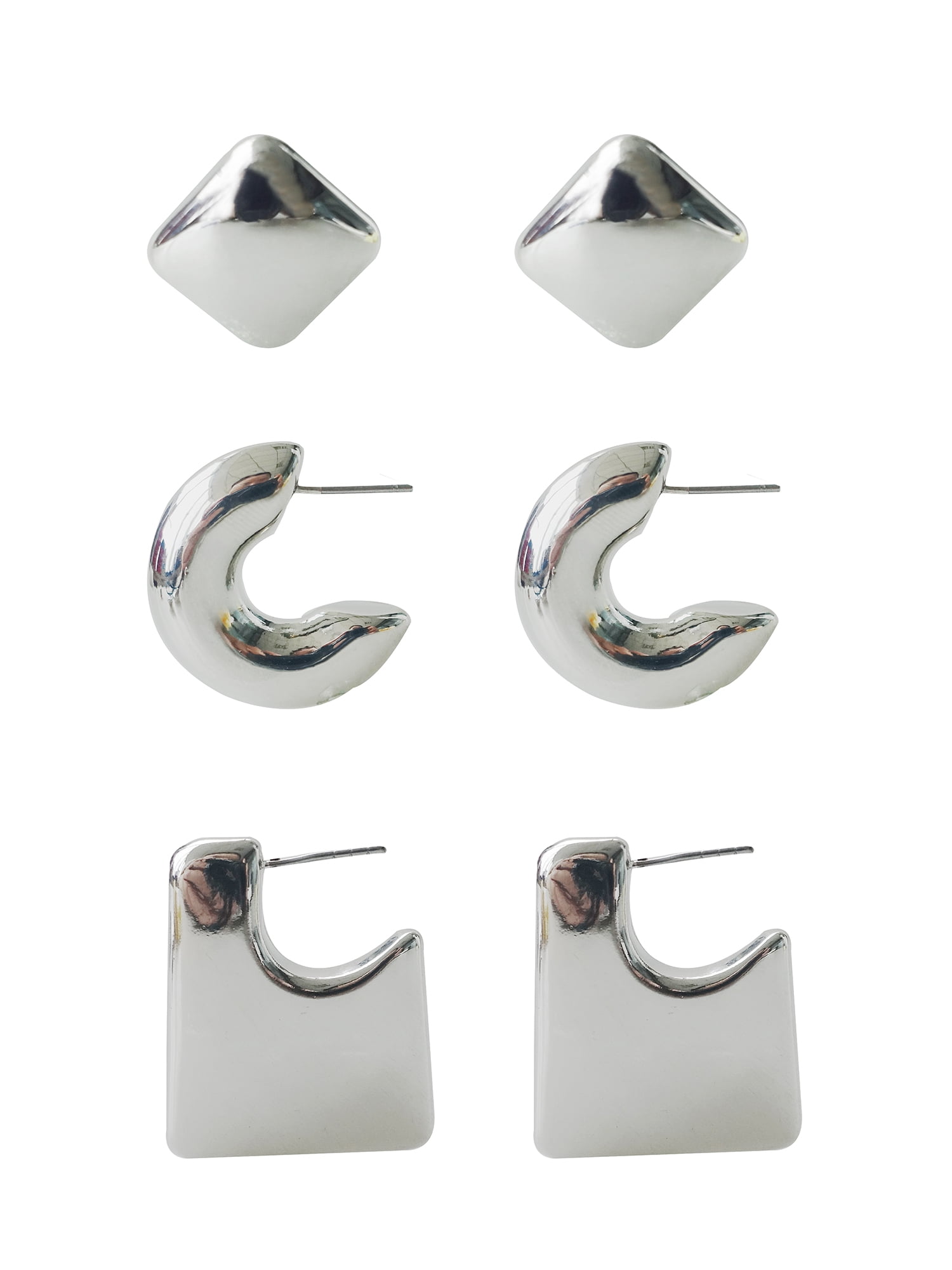 Time and Tru Women's Silver Plated Metal 3 Pair Hoop Earring Set