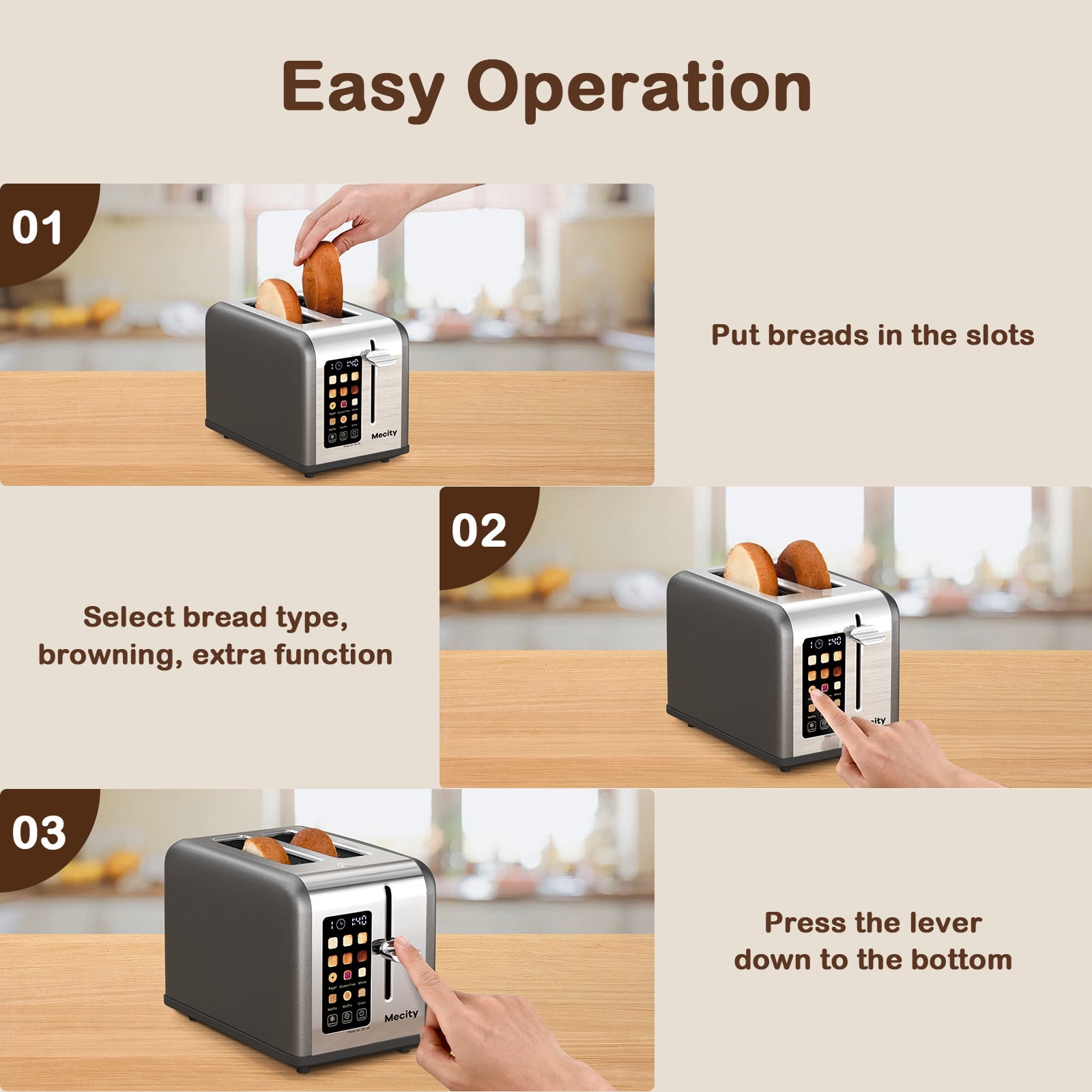 Mecity 2-Slice Touchscreen Toaster with Stainless Steel Casing, 6 Shade Settings, Wide Slots, 120V, Countdown Timer, Gray