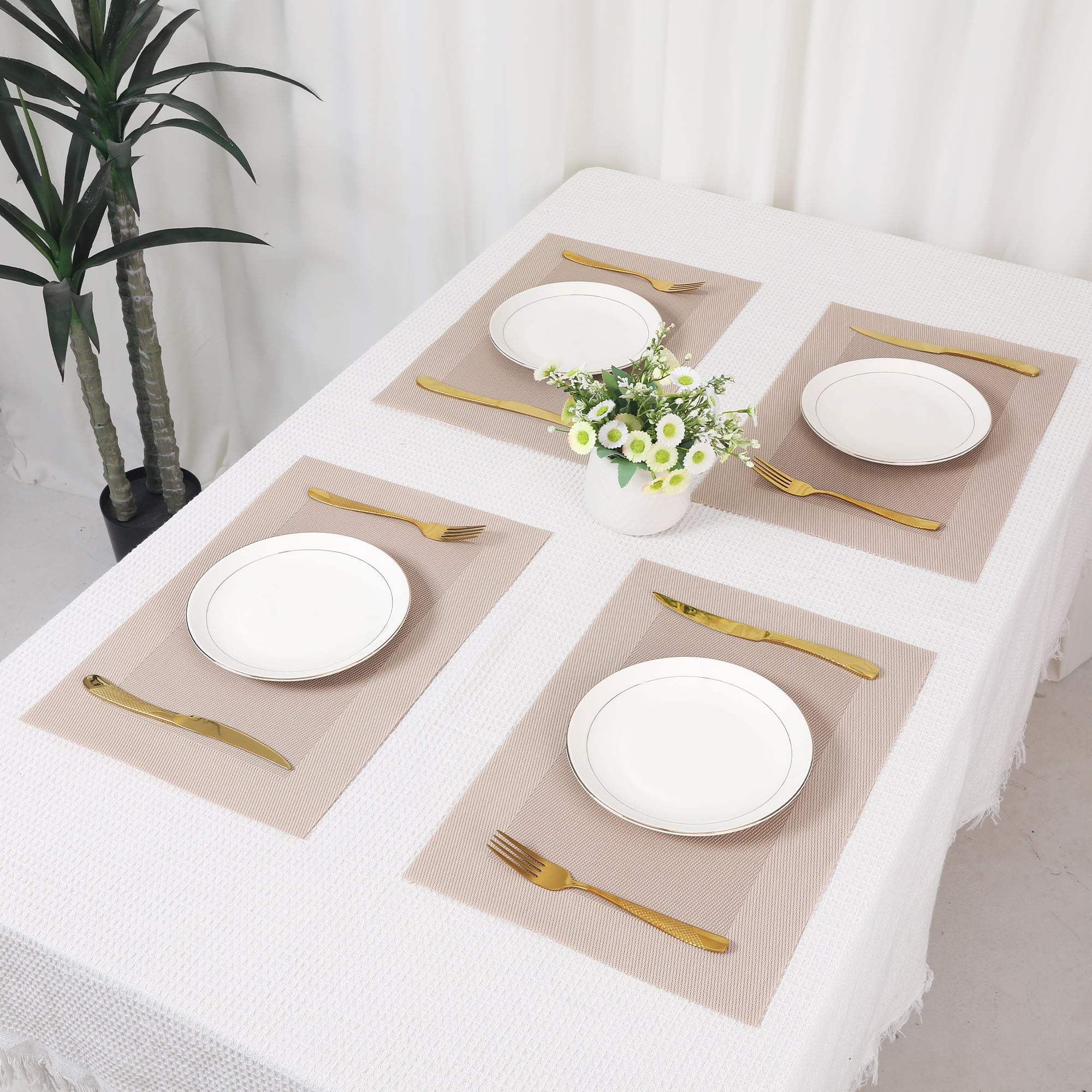 Unique Bargains Set of 8 Table Placemats Washable Wipeable Table Mat Light Gold 18x12Inch