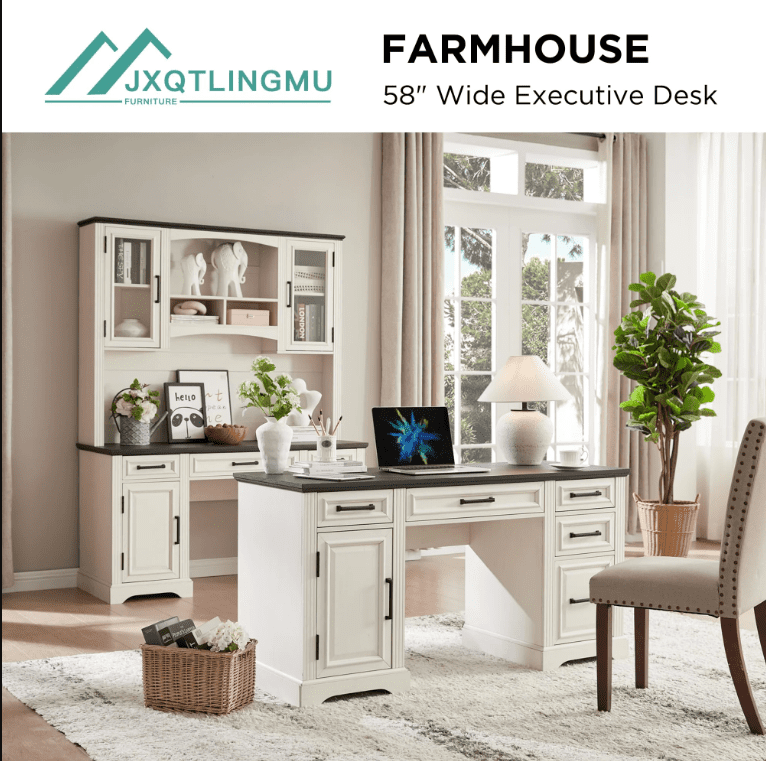 Huisuilinss Farmhouse Executive Desk,Home Office Desk,Wood Computer Desk With 5 Drawers And 1 Cabinet,Office Desk Work Desk For Work Study Writing,For Bedroom Game Room