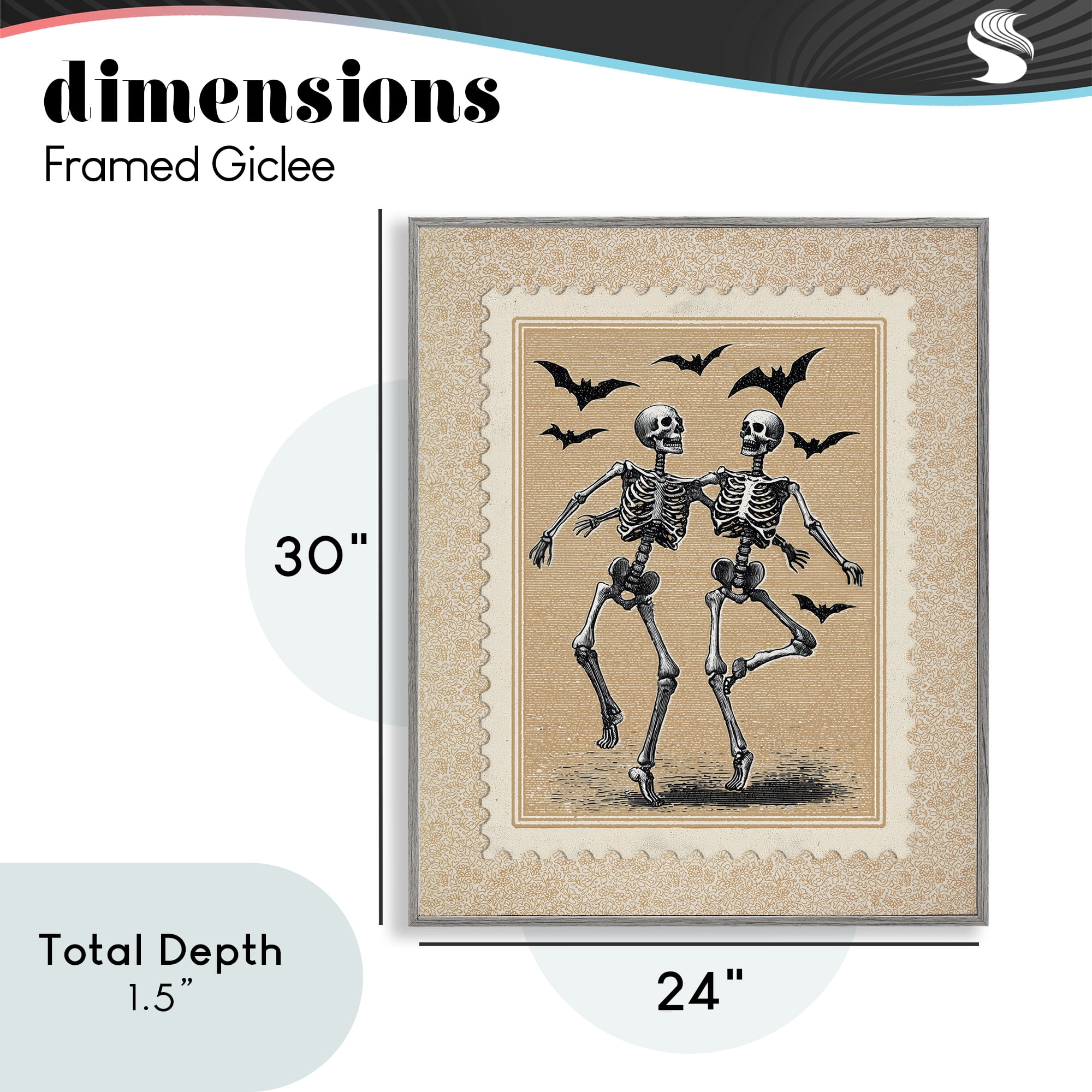 Vintage Dancing Skeletons Stamp Gray Framed Giclee Art, design by Arlington Prints