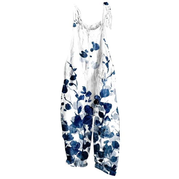 up to 60% off Gifts Jumpsuits for Women Adjustable Strap Loose Ladies Fashion Cotton Linen Baggy Wide Leg Pocket Jumpsuits Overalls Summer Formal Star Print Crewneck Sleeveless Long Rompers Blue xl