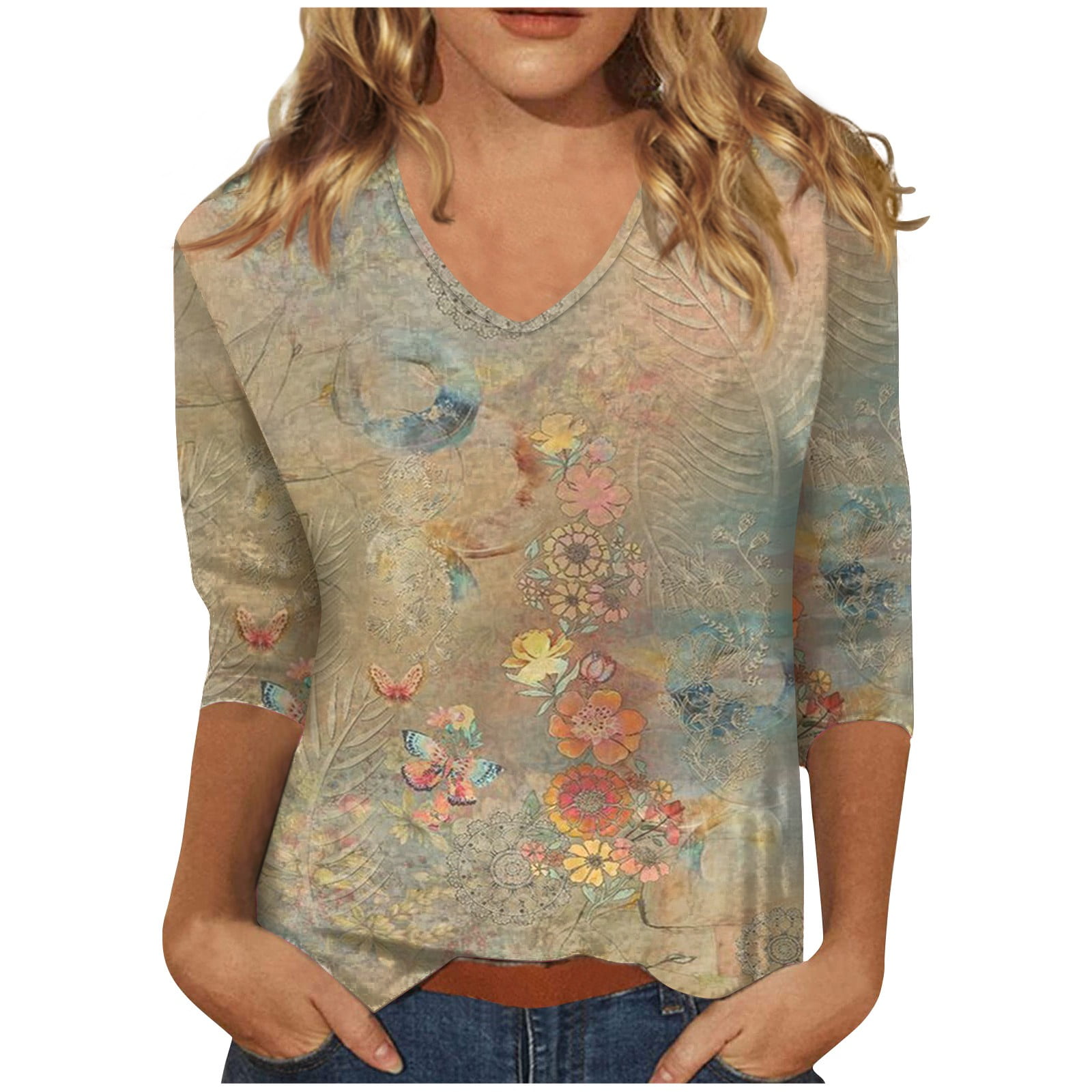 Qcmgmg 3/4 Sleeve Shirts for Women Floral Casual Elbow Sleeves Tops