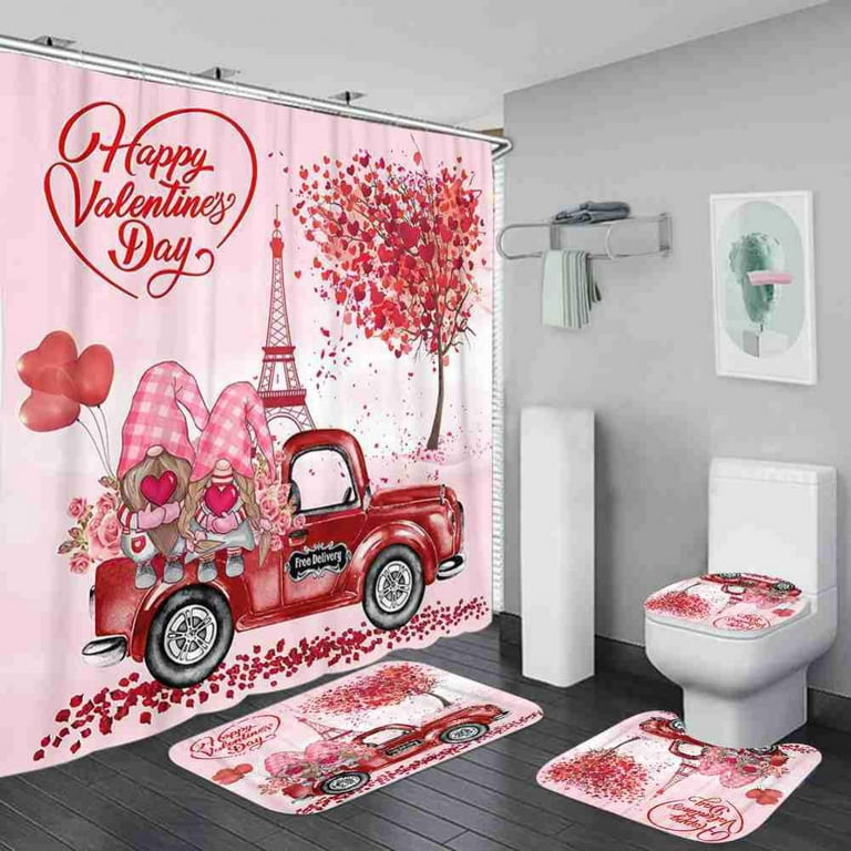 Valentine's Day Shower Curtain Farmhouse Romantic Rose Gnome Couple Red Heart Tree Valentine Shower Curtain for Bathroom Decor Fabric Waterproof