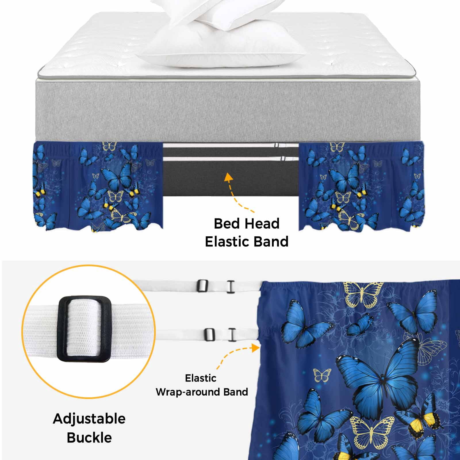 Blue Butterfly Bed Skirt Queen Size, Farmhouse Modern Nature Animals Art Wrap Around Bed Skirting with Adjustable Elastic Strap, Dust Ruffle Pleated Bedskirts 16 Inch Drop for Bedroom Queen Beds