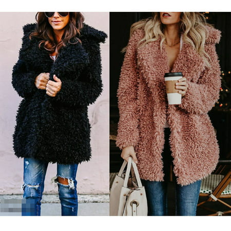 Womens Winter Teddy Bear Pocket Fluffy Coat Fleece Fur Jacket Outerwear