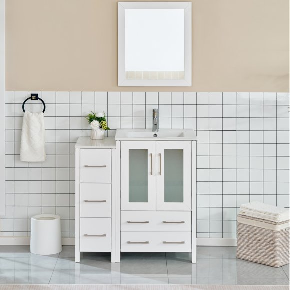 Vanity Art 36 in. W Single Sink Bathroom Vanity with Ceramic Top and Free Mirror