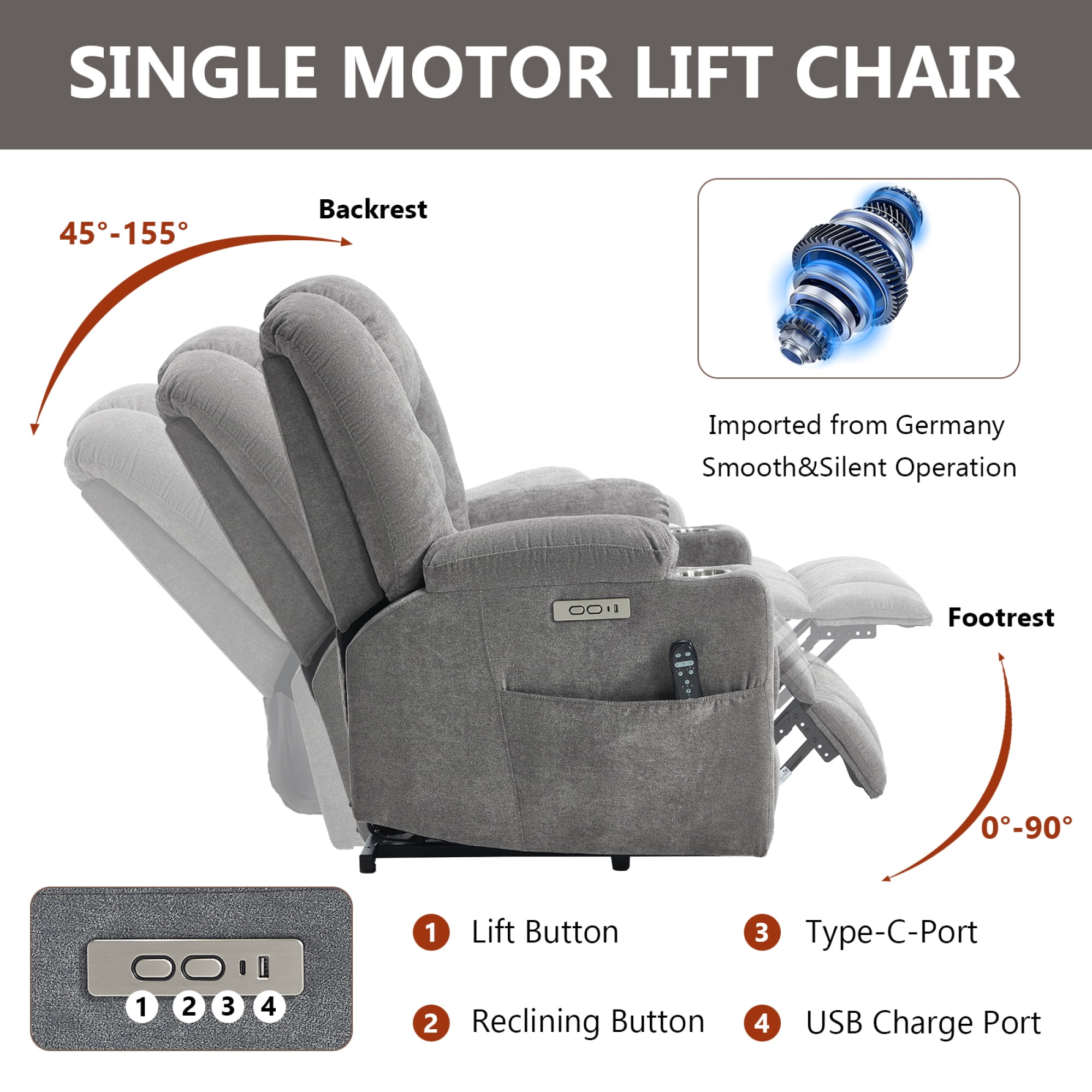 Leumius Large Power Lift Recliner Chair for Elderly,Heavy Duty Recliners with Vibration Massage and Lumbar Heating,Single Sofa with USB and Type C Ports, 2 Steel Cup Holders,Light Gray