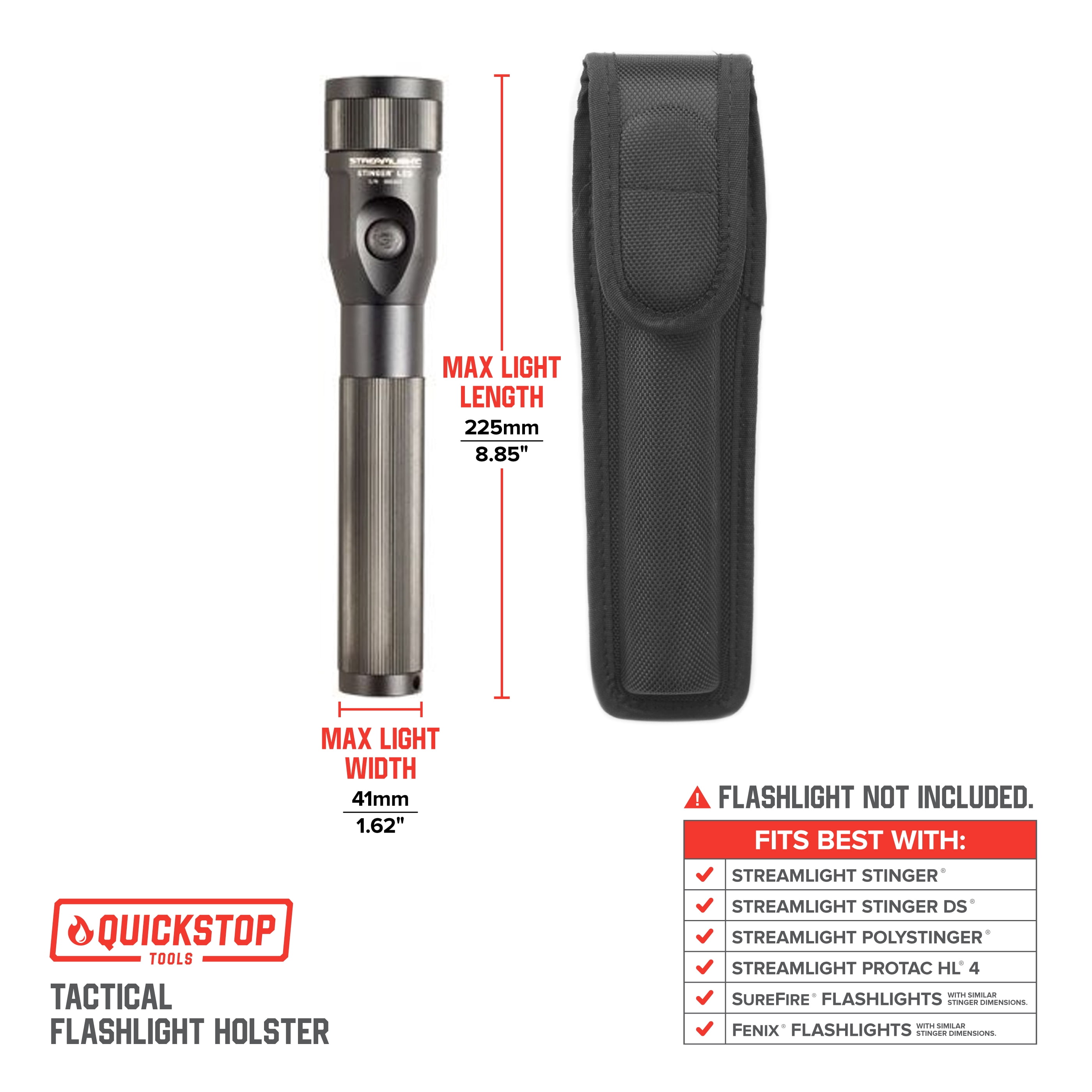 Tactical Flashlight Holster for Streamlight Stinger Flashlights & Similar, Heavy-Duty Nylon Flashlight Holder Fits 2-1/4 Inch Duty Belt, for Police, Military & Security Use