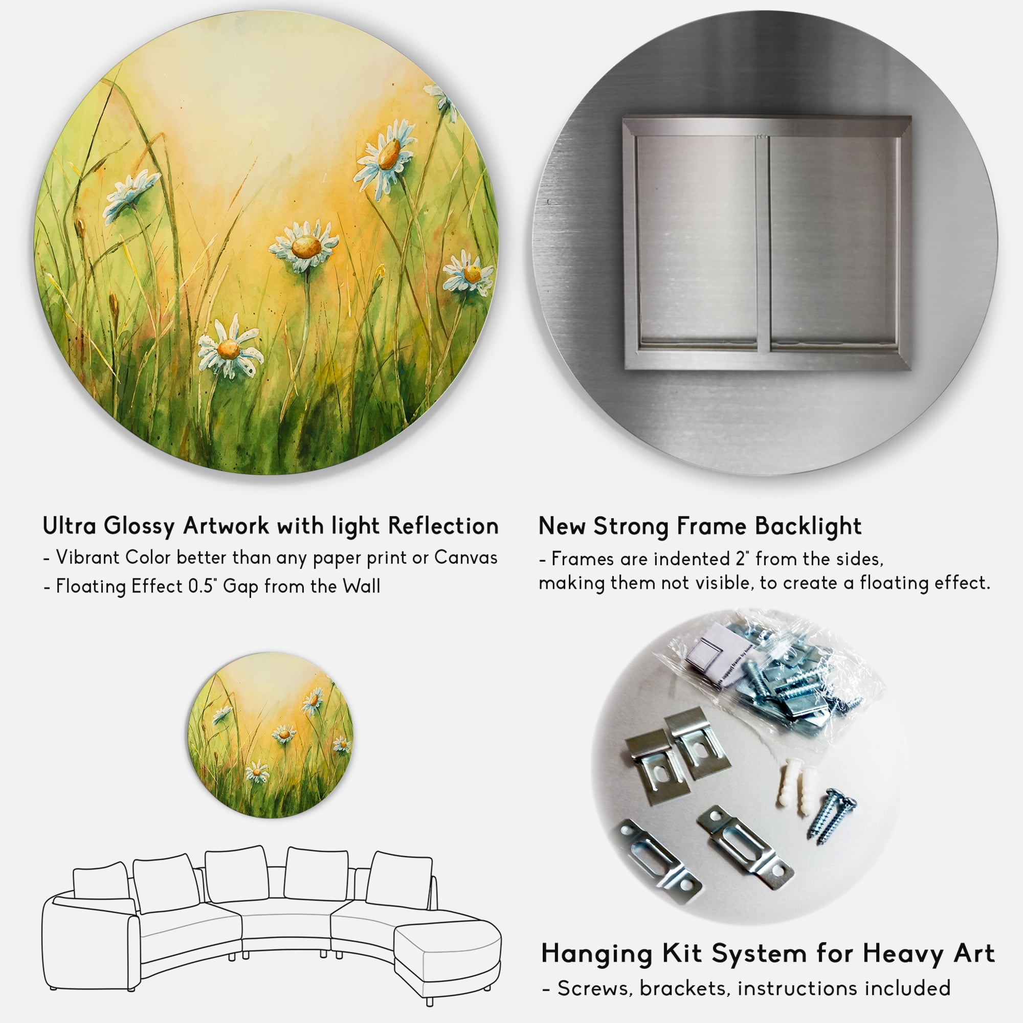 Designart 'Sunset Field With Herbs and Chamomiles' Traditional Circle Metal Wall Art 11x11 - Disc of 11
