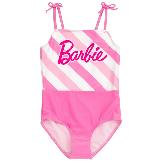 Traje de baño de una pieza para Barbie para niñas pequeñas, color rosa y blanco 6
