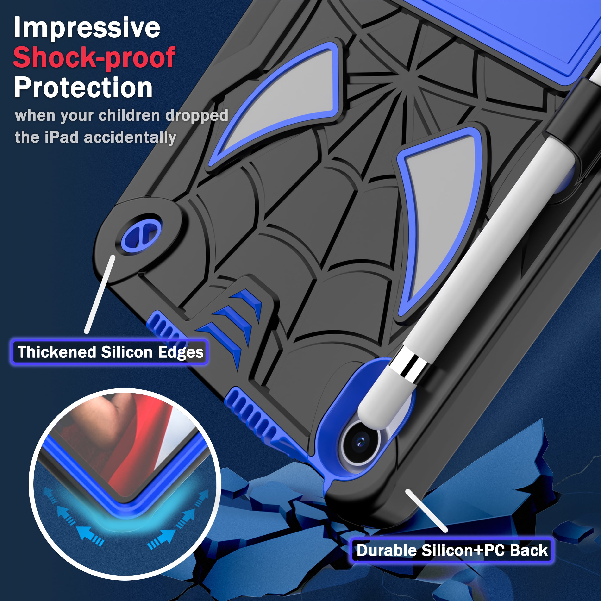 TECH CIRCLE for iPad Mini 8.3" (A17 Pro), iPad Mini 6 (8.3") 3-Layer Rugged Shockproof Case with Shoulder Strap, Built-in Kickstand, Pencil Holder, Cute Spider Heavy Duty Tablet Cover, Black Blue