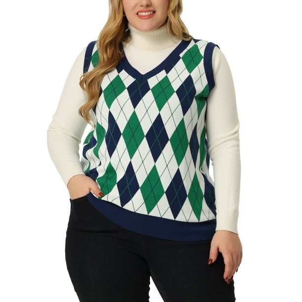 GRACE & GRANDEUR Suéter sin mangas de punto con cuello en V para mujeres de talla grande 1X Verde