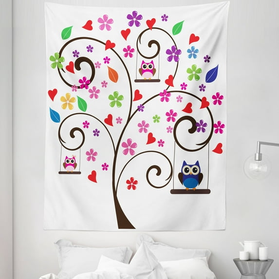 Cartoon Tapestry, Spring Tree with Curly Branches Colorful Fresh Blossoms Owls Swinging, Fabric Wall Hanging Decor for Bedroom Living Room Dorm, 5 Sizes, Black Multicolor, by Ambesonne
