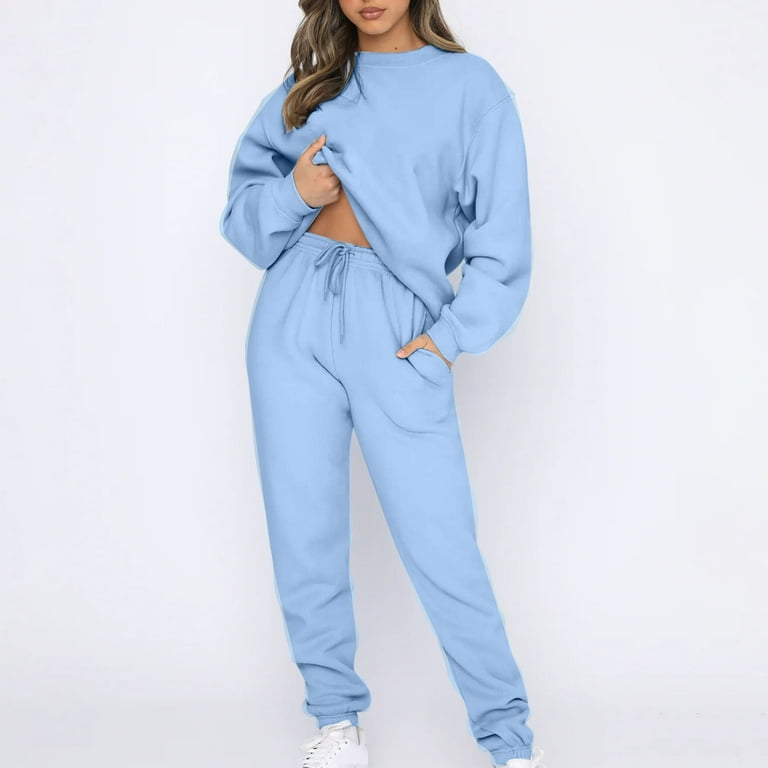 Jalioing Sweatsuit Women Hoodless Matching Tracksuit Sets Tapered Sweat Pants Crewneck Pullover Tops Classic Outfits X Large Blue