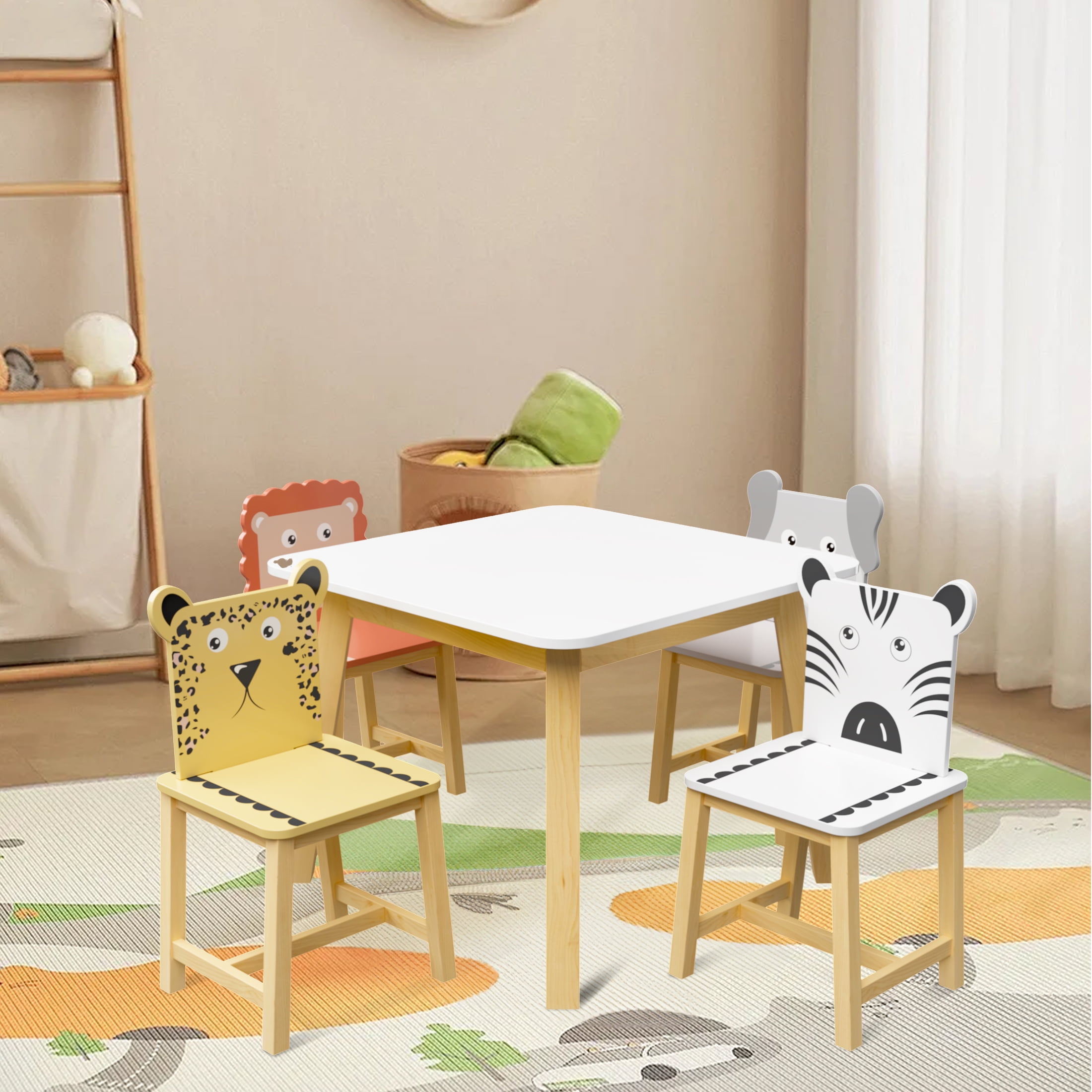 Aukfa Kids Study Table and Chairs Set, Table and 4 Cartoon Chair for Ages 3-8, Graffiti Desktop Wood Children Art Table